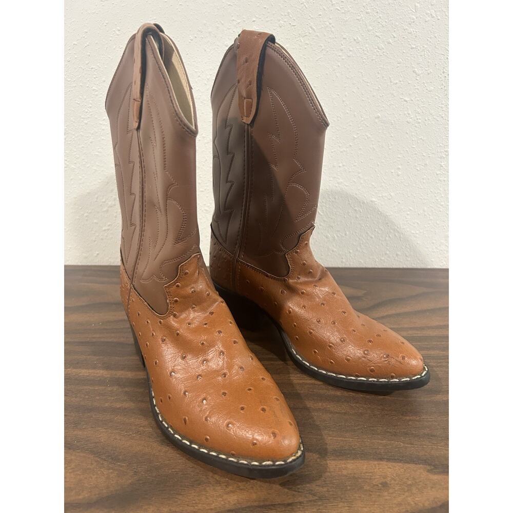Old West Cowboy Boots‎ Boys Ostrich Print Brown Youth Size 2 Western Point Toe